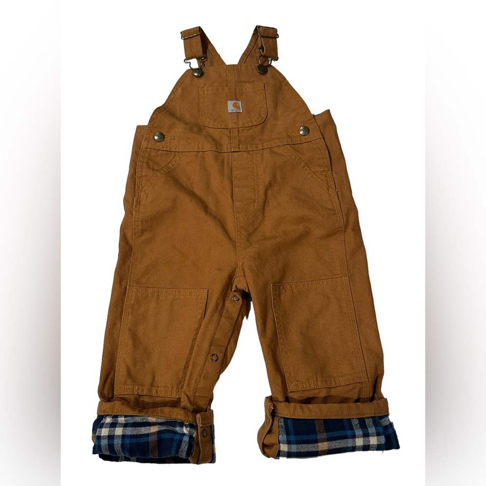 Carhartt Bib Overalls Size 2T 24m Flannel Lined Double Knee Brown Navy Blue
